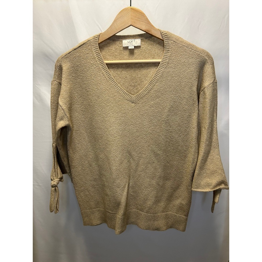 LOFT V-Neck Sweater Women Small Petite Tan Excellent Tie Sleeve Knit Pullover